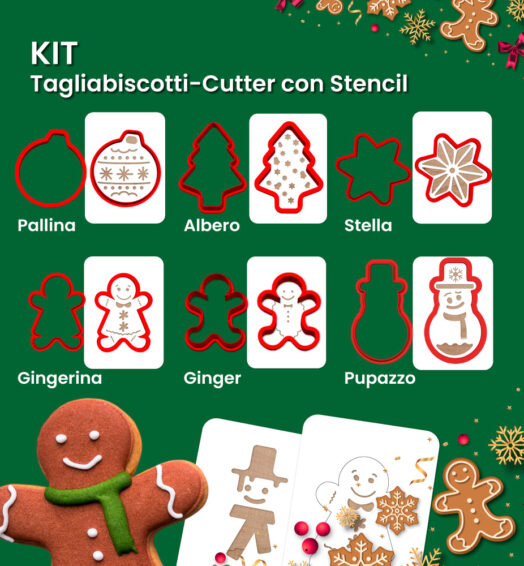 Kit 6 Pezzi – Taglia Biscotti – Cutter con Stencil Decorativo